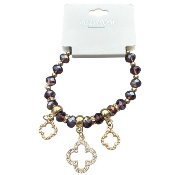 5/$25 Blossom Amber Iridescent & Gold Rainbow Beaded Bracelet With Charms